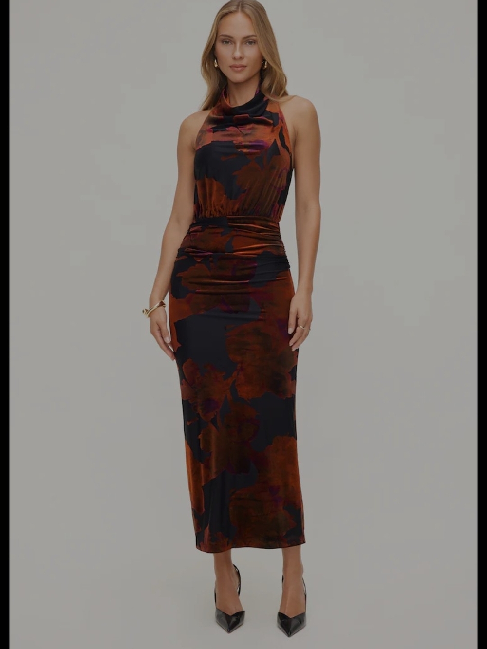Dynamite High-Neck Maxi Dress in Black and Rust Floral